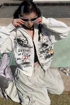 Gray Graffiti Hooded ZipUp Cropped Hoodie