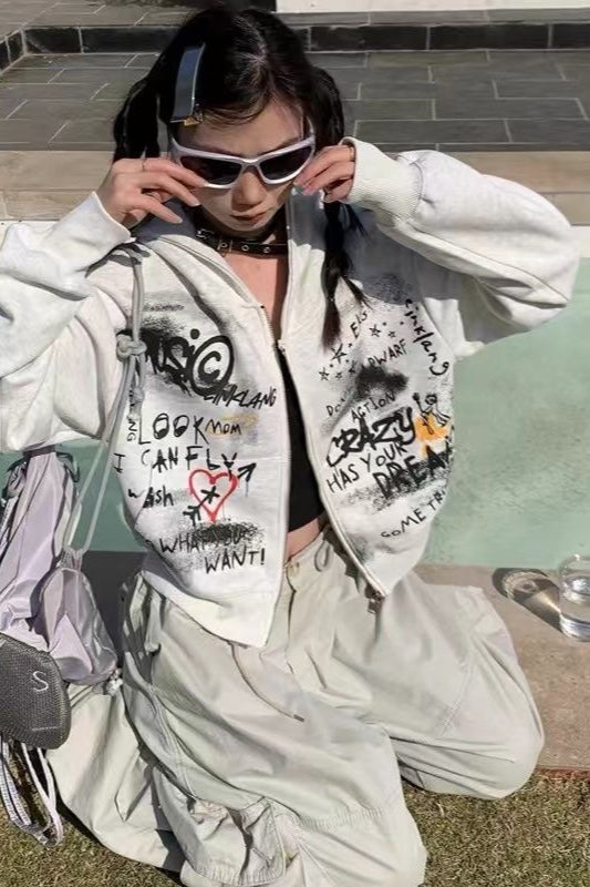 Gray Graffiti Hooded ZipUp Cropped Hoodie