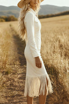 Stylish Suede Long-sleeved Zippered Slim-fit Tassel Midi Dress