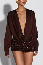 Girls Night Satin Drape Cowl Neck Shirt and Velvet Sequin Elastic Waist Shorts Set