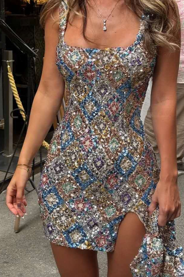 Chic Colorful RhombusPattern Sequin Split Bodycon Sequin Dress