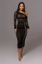 Diagonal Collar Mesh Midi Dress