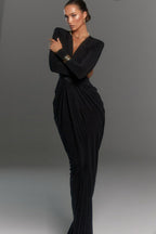 Deep V Padded Shoulder Long Sleeve High Slit Long Formal Dress