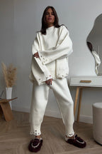 Solid Distressed Knit Crew Neck Sweater Two Piece Set