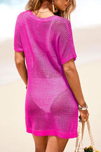 Floral-decorated V-neck Short-sleeved Crochet Cover-up Vacation Mini Dress