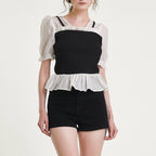 Black Ribbed Ruffled Patchwork Blouse
