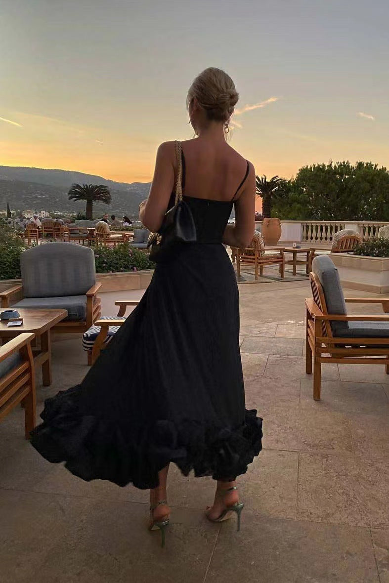 Black Slip Petal Hem Midi Dress