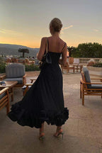 Black Slip Petal Hem Midi Dress