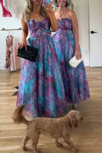 Strapless Floral Print Pleated Swing Maxi Dress