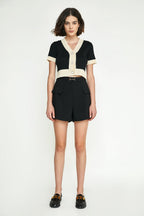 Black Contrast Trim Button-Up Cable Knit Cropped Cardigan