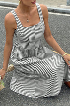 Elegant Striped Square Neck Vacation Dress
