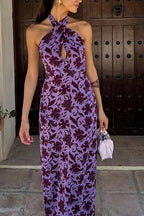 Backless Halter Print Slit Maxi Dress