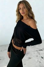 Lace Splice Off Shoulder Bat Sleeve Blouse