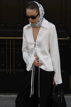 Acetate Satin Bow Tie V Neck Minimalist Long Sleeve Blouse