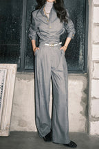 Tailored Twill Asymmetrical Cut Blouse Pants Two Piece Set