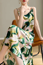 Printed V-Neck Satin Cami Maxi Silk Dress