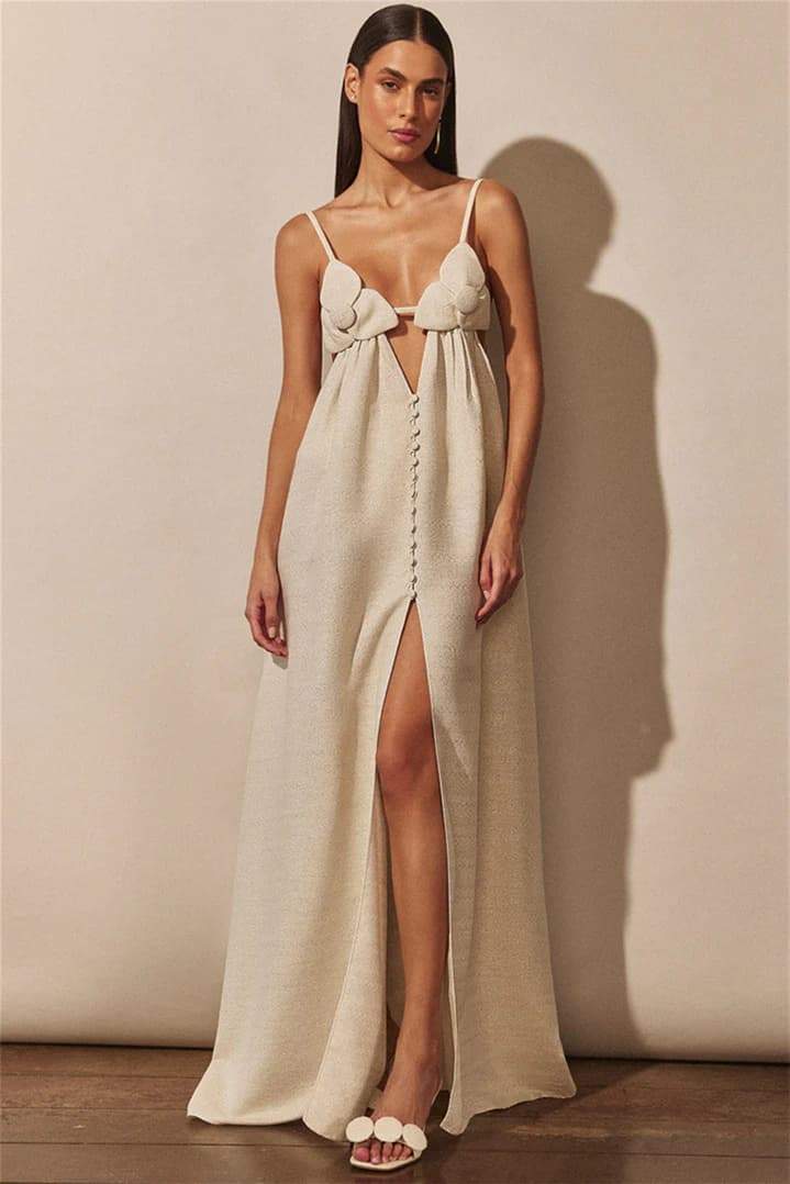 Lourdes Statement V Neck Floral Dress with High Slit Designer Edit