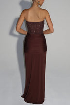 Carina Sequined and Satin Jersey Off Shoulder Ruched Knot Drape Maxi Dress