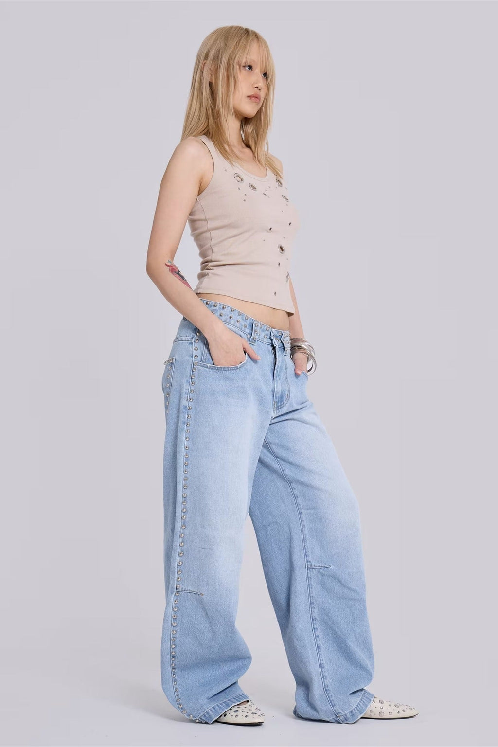 Loose Fit Beaded Decorative Unique Jeans