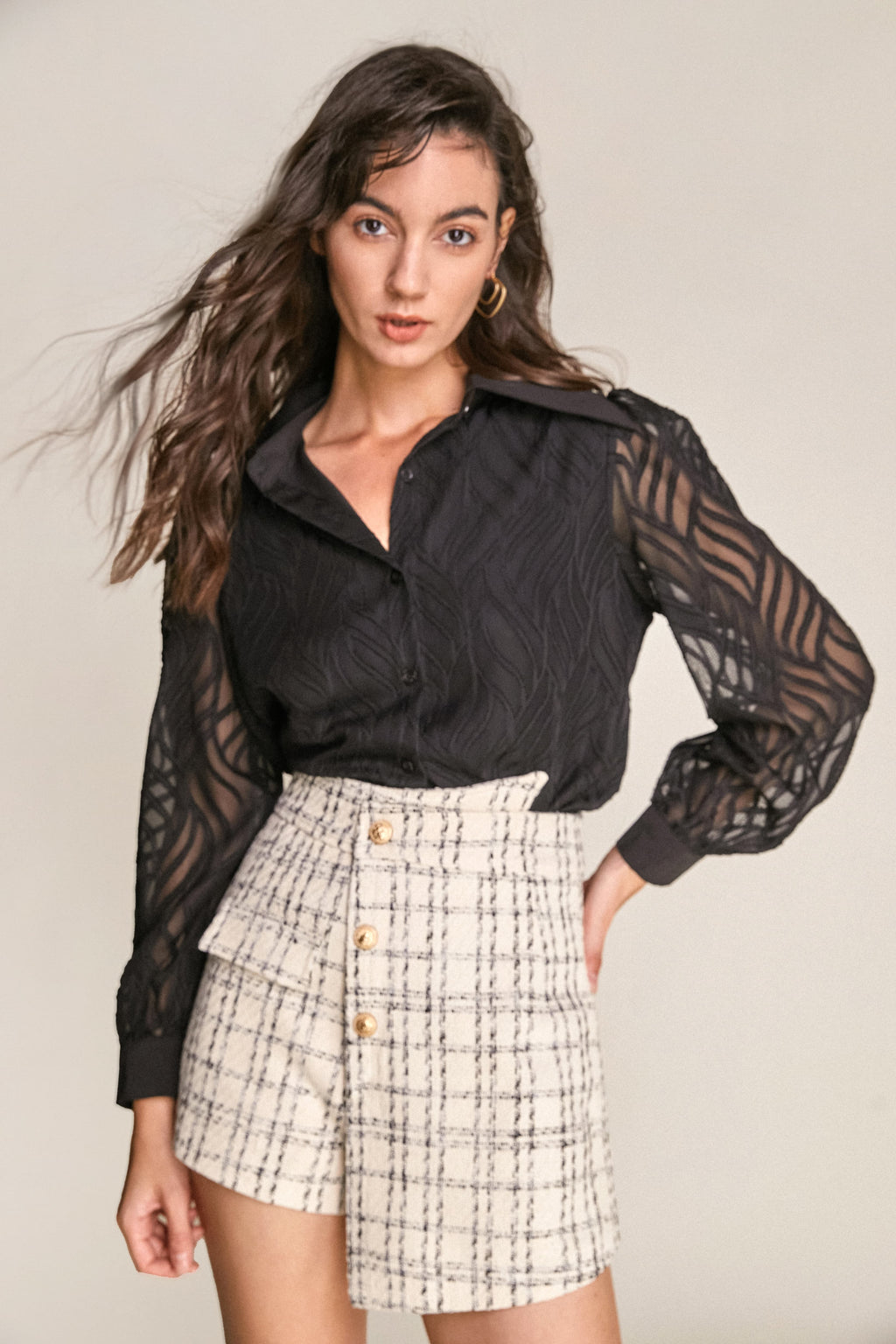 Black Pointed Collar Textured Mesh Shirt