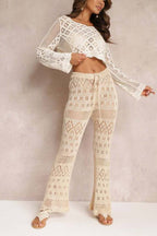White Hollow Crochet Flare Sleeve Crop Cover Up Top