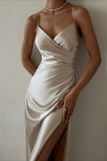 Ruched Satin Bodycon Spaghetti Strap Split V Neck Formal Dress