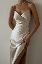 Ruched Satin Bodycon Spaghetti Strap Split V Neck Formal Dress