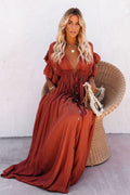 Button Front Drawstring Waist Maxi Boho Dress