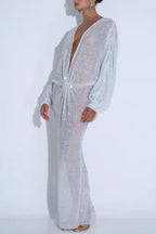 Modern Elegance Sequin Sheer Long Relaxed Sleeve Ruched Drape Maxi Dress
