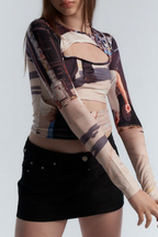 Y2K Cutout Slim Asymmetric Print Long Sleeve Crop Top