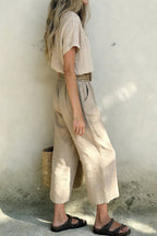Linen Blend Crew Neck Short-sleeved Top and Elastic Waist Casual Pocket Pants Set