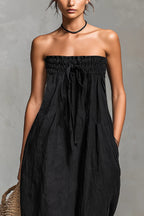 Linen Blend Sleeveless Off-shoulder Pleated Drawstring Loose Pocket Jumpsuit