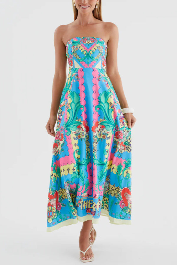 Unique Printed Sleeveless Off-shoulder Casual Vacation Midi Dresses