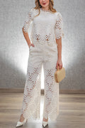 Eliose Scallop Cutout Embroidery Lace Elastic Waist Pocket Loose Pants