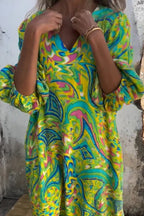 Printed V-neck Pullover Long-sleeved Loose Dress