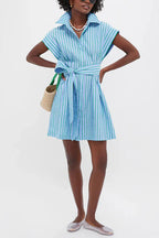 Short Sleeves Button Down Tie Waist Striped Mini Dress