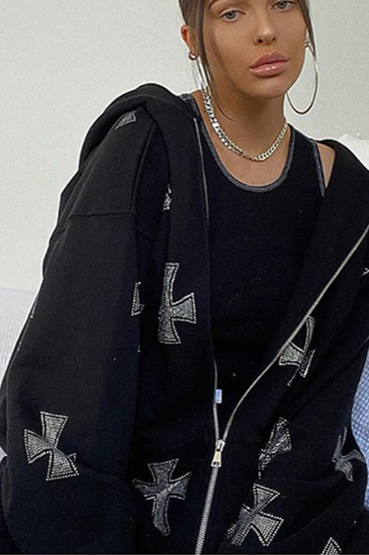 Cross Rhinestone FullZip Loose Hoodie