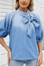 Fashionable Tie-up Bow Loose Lantern Sleeve Denim Top