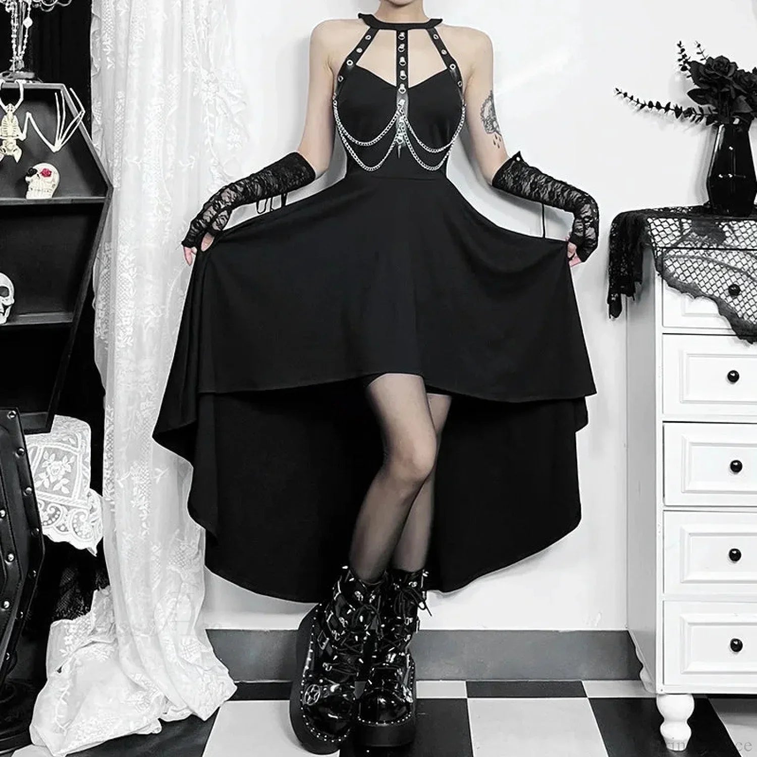 Chains Ornament Halter Swing Midi Dress