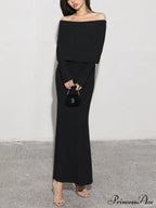 Charcoal Off Shoulder Overfold Modern Long Sleeve Long Dress
