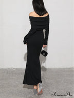 Charcoal Off Shoulder Overfold Modern Long Sleeve Long Dress