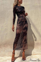 Charm Lady Mesh Overlay Tie Dye Modern Print Long Sleeve Ruched Stretch Midi Dress