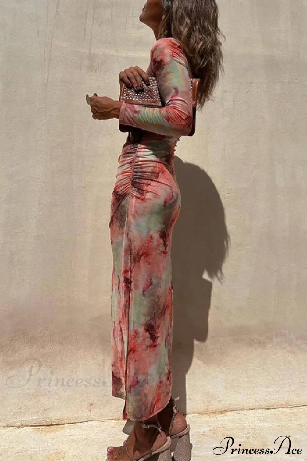 Charm Lady Mesh Overlay Tie Dye Modern Print Long Sleeve Ruched Stretch Midi Dress