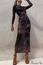 Charm Lady Mesh Overlay Tie Dye Modern Print Long Sleeve Ruched Stretch Midi Dress