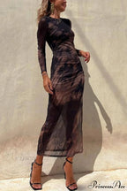Charm Lady Mesh Overlay Tie Dye Modern Print Long Sleeve Ruched Stretch Midi Dress