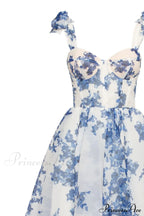 Charming Blue Hydrangea-Patterned Organza Graceful Midi Dress, Garden Of Eden
