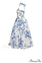 Charming Blue Hydrangea-Patterned Organza Graceful Midi Dress, Garden Of Eden