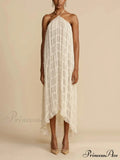 Charming Pleated Drawstring Waist Graceful Tiered Halterneck Midi Dress