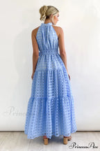 Check Halter Neck Charming Tie Waist Maxi Dress
