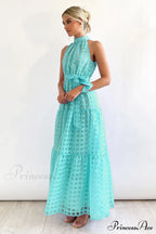 Check Halter Neck Charming Tie Waist Maxi Dress